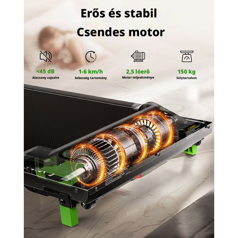 AKLUER 480L-A Sétapad és Futópad, Asztal Alá Helyezhető Walking Pad, Kézi Dőlésszögállítás, 0,6–6,4 km/h, 2,5 LE Motor, 150 kg