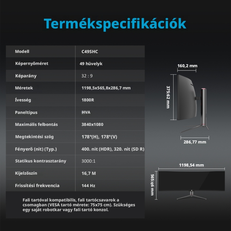 TITAN ARMY C49SHC 49" Ívelt Gaming Monitor, 32:9 UltraWide, 3840×1080, 144 Hz, 1 ms, 1800R HVA, HDR400, USB-C 65 W
