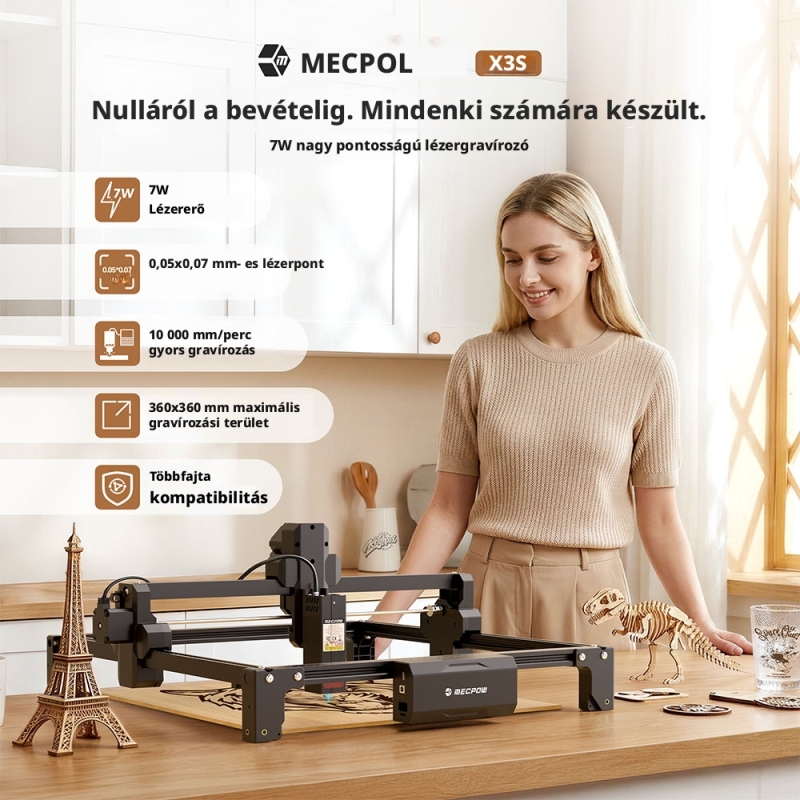 Mecpow X3S 7W Diódalézeres Lézergravírozó Gép, 360×360 mm Munkaterület, 10 000 mm/perc, 0,05×0,07 mm Lézerpont, WiFi és Type-C