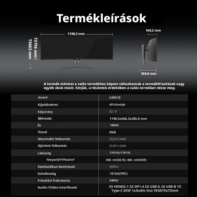 TITAN ARMY C49C1S 49" Ívelt Gaming Monitor, 32:9 UltraWide, 5120×1440 DQHD, 240 Hz, 1 ms, 1800R Fast VA, HDR400, USB-C 65 W