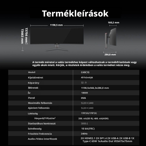 TITAN ARMY C49C1S 49" Ívelt Gaming Monitor, 32:9 UltraWide, 5120×1440 DQHD, 240 Hz, 1 ms, 1800R Fast VA, HDR400, USB-C 65 W