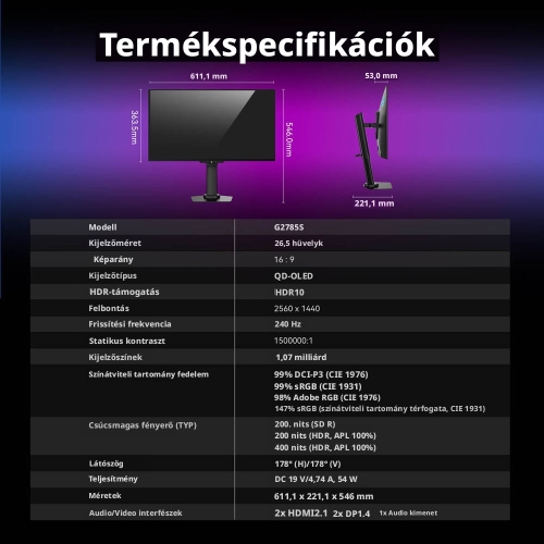 TITAN ARMY G2785S 26,5" QD-OLED Gaming Monitor, 2560×1440 QHD, 240 Hz, 0,03 ms GTG, HDR10, 1 500 000:1 kontraszt, FreeSync