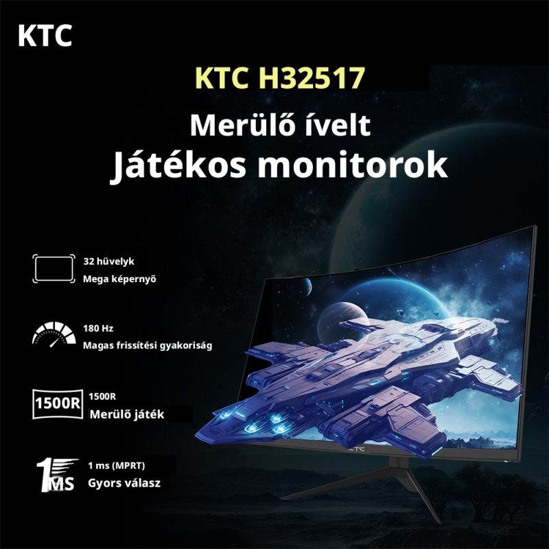 KTC H32S17 32" Ívelt Gaming Monitor, 2560×1440 QHD, 180 Hz, 1 ms MPRT, HVA, HDR10, 1500R