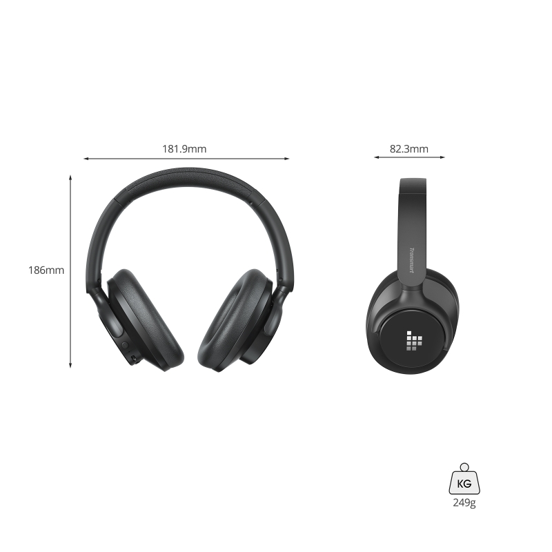 Tronsmart Sounfii Q20S Vezeték Nélküli Fejhallgató, Hybrid ANC -40 dB, Bluetooth 5.3, Akár 60 Óra Üzemidő, Hi-Res Audio, Fekete