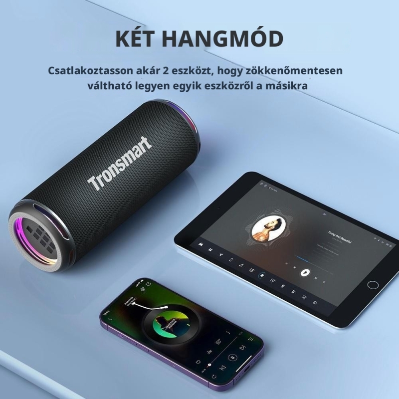 Tronsmart T7 Lite Hordozható Bluetooth Hangszóró, 24 W, Bluetooth 5.3, IPX7, Akár 24 Óra Üzemidő, LED Fények, Fekete