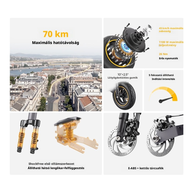 AUSOM K20 Elektromos Roller, 1100 W Csúcsteljesítmény, 45 km/h, Akár 70 km Hatótáv, 48 V 13,5 Ah, NFC