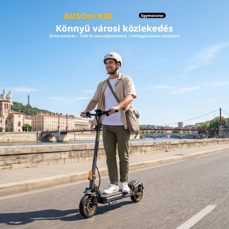 AUSOM K20 Elektromos Roller, 1100 W Csúcsteljesítmény, 45 km/h, Akár 70 km Hatótáv, 48 V 13,5 Ah, NFC