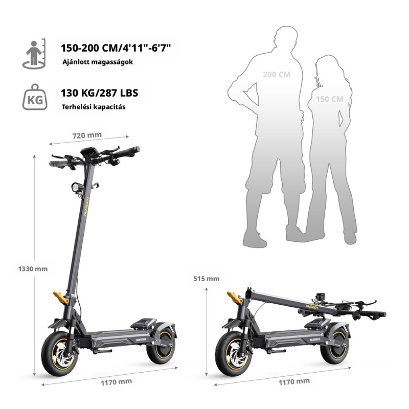 AUSOM K20 Elektromos Roller, 1100 W Csúcsteljesítmény, 45 km/h, Akár 70 km Hatótáv, 48 V 13,5 Ah, NFC