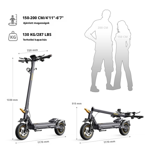 AUSOM K20 Elektromos Roller, 1100 W Csúcsteljesítmény, 45 km/h, Akár 70 km Hatótáv, 48 V 13,5 Ah, NFC