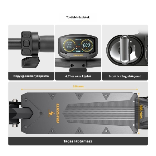 AUSOM K20 Elektromos Roller, 1100 W Csúcsteljesítmény, 45 km/h, Akár 70 km Hatótáv, 48 V 13,5 Ah, NFC