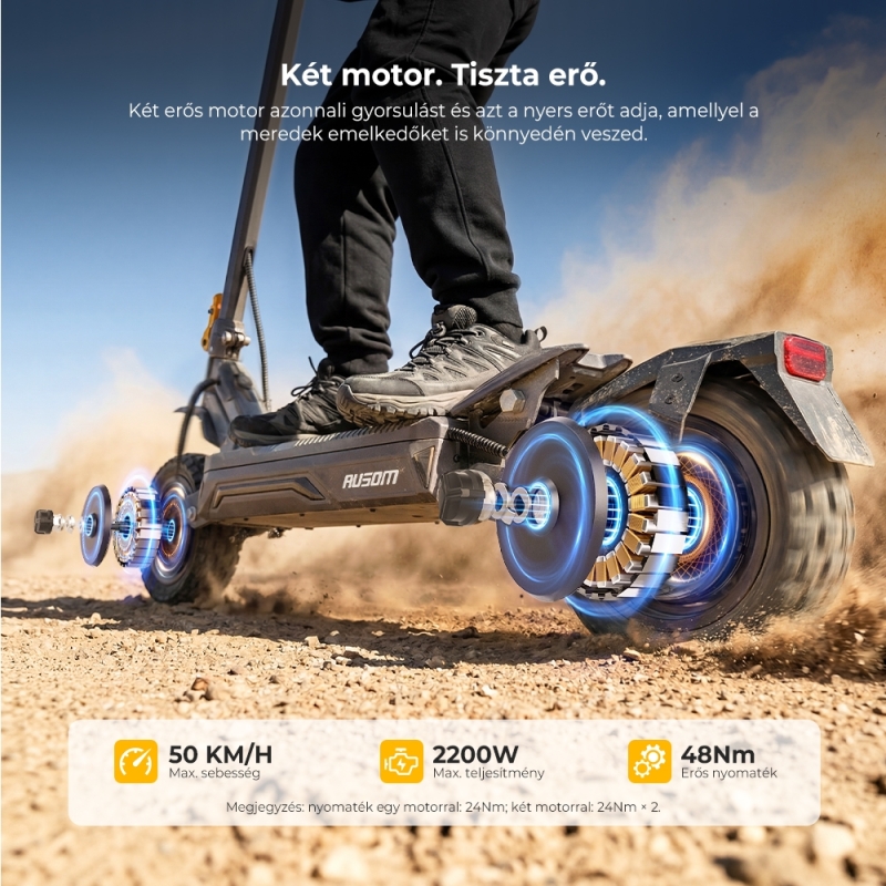 AUSOM Gosoul 2 Dual Motor Elektromos Roller, 2×1100 W, 50 km/h, Akár 70 km Hatótáv, 48 V 13,5 Ah, NFC