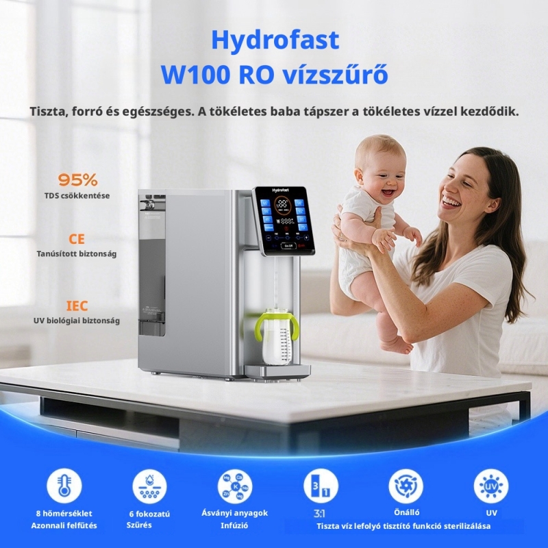 Hydrofast W100 Asztali RO Vízszűrő, 6 Fokozatú Szűrés, UV Sterilizálás, Azonnali Melegítés, 4 l Víztartály, TDS Kijelző