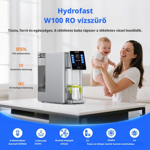 Hydrofast W100 Asztali RO Vízszűrő, 6 Fokozatú Szűrés, UV Sterilizálás, Azonnali Melegítés, 4 l Víztartály, TDS Kijelző