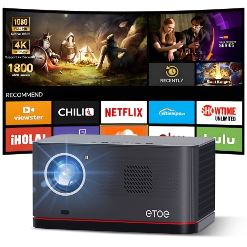 ETOE Whale Pro 2026 Okos Projektor, 1800 ANSI, Natív 1080P, Android TV 14.0, Netflix, 4K Dekódolás, Dolby Audio