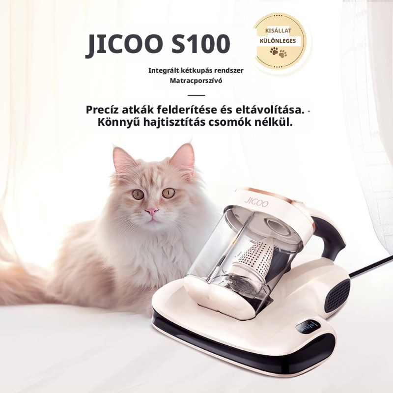 JIGOO S100 Atkaeltávolító Matracporszívó, 12 kPa Szívóerő, 80 000 Ütés/perc, UV Sterilizálás, 55 °C Forró Levegő, Atkaérzékelő