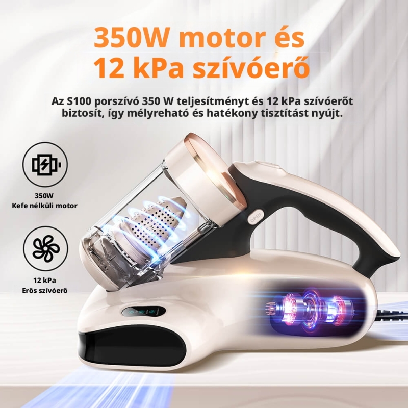 JIGOO S100 Atkaeltávolító Matracporszívó, 12 kPa Szívóerő, 80 000 Ütés/perc, UV Sterilizálás, 55 °C Forró Levegő, Atkaérzékelő